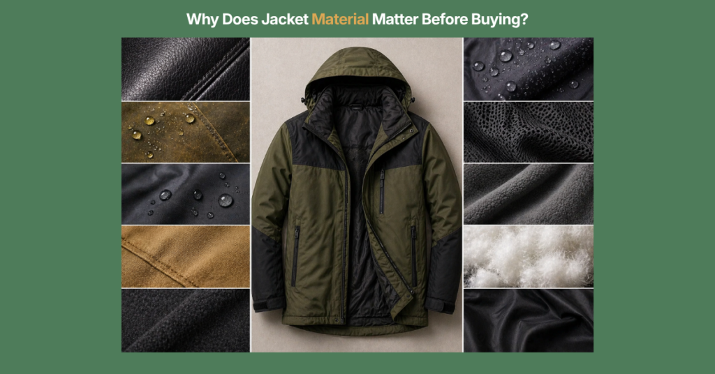 Green infographic background showing a central olive and black hooded jacket surrounded by close-up fabric textures including leather, waterproof material with water droplets, mesh lining, fleece, cotton canvas, insulation filling, and smooth polyester lining.