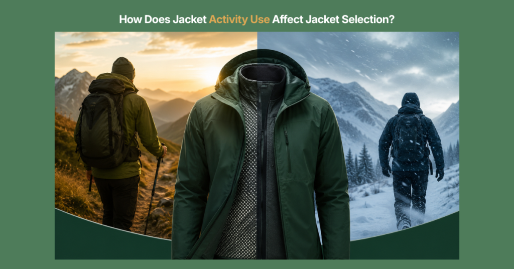 Premium editorial-style image showing different jacket types organized around an active outdoor performance jacket, symbolizing how activity type influences the ideal jacket choice for movement, weather exposure, and comfort.