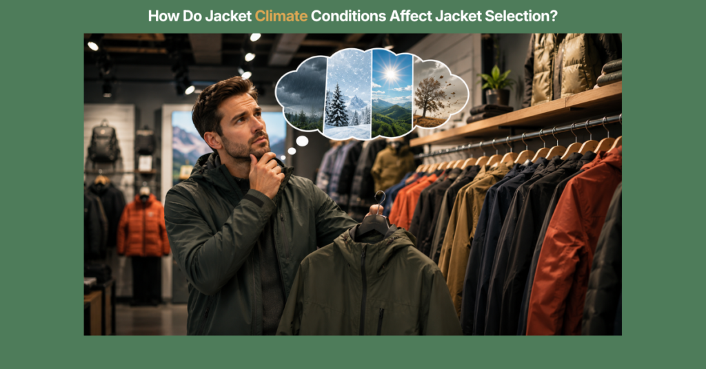 Man in an outdoor jacket store thoughtfully choosing a jacket while imagining different climate conditions including rain, snow, sun, and wind before buying.