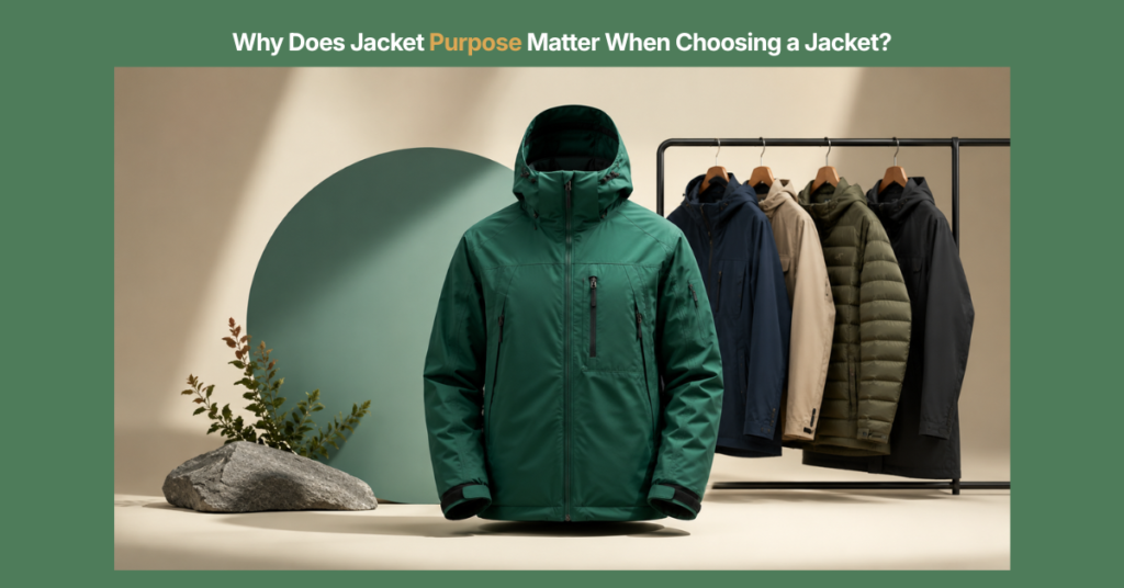 Premium editorial-style featured image showing different jacket types centered around a modern green performance jacket, symbolizing how jacket purpose influences choosing the right outerwear for different needs and environments.