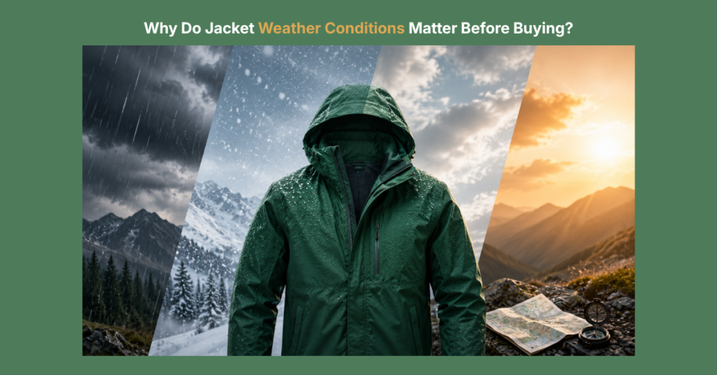 Premium editorial-style image featuring multiple outerwear jackets surrounding a modern weather-protection jacket, symbolizing how different weather conditions influence selecting the right jacket for warmth, rain protection, and climate adaptability.