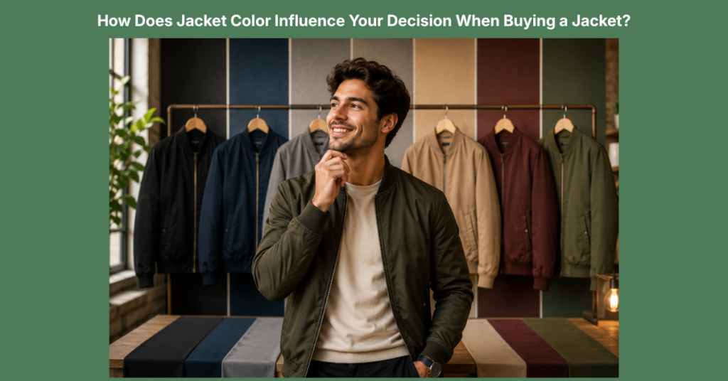 Man comparing different jacket colors in a clothing store while choosing a stylish bomber jacket. Caption: