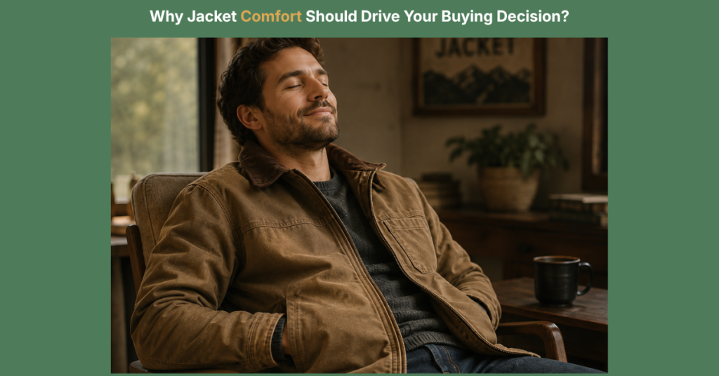 Man relaxing comfortably in a brown canvas jacket while seated indoors, demonstrating warmth, flexibility, and everyday jacket comfort in a cozy setting.