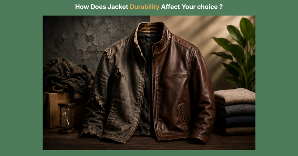 A split-view leather jacket comparison showing durability over time. The left side features a heavily worn, torn, and faded jacket in a rustic setting, while the right side displays a well-maintained brown leather jacket in excellent condition, illustrating the impact of durability on long-term value and appearance.
