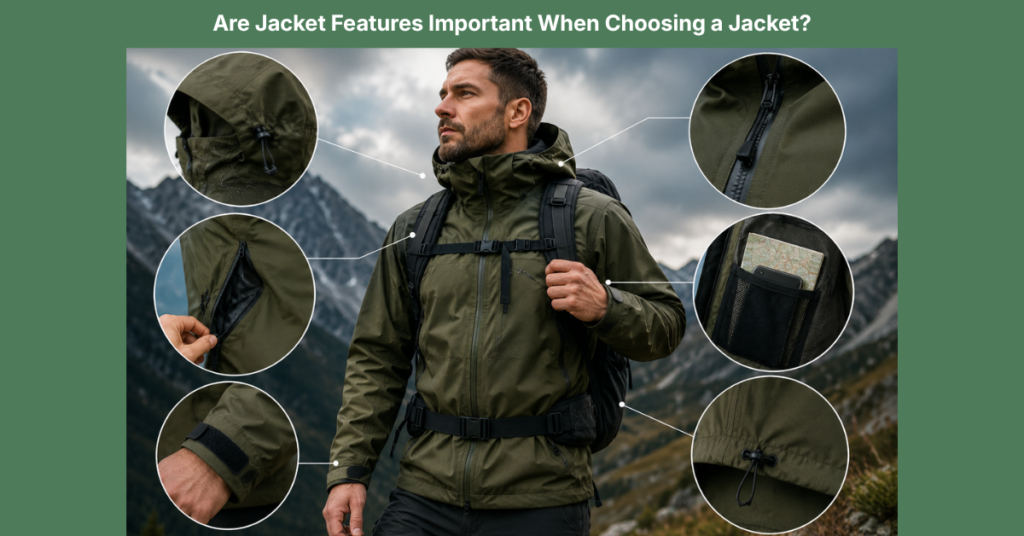 Outdoor hiker wearing a technical waterproof jacket with highlighted close-up views of key jacket features including an adjustable hood, waterproof zipper, ventilation pit zip, internal storage pocket, adjustable cuffs, and hem drawcord in a mountain environment.
