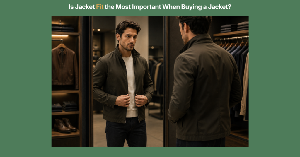 Man trying on a dark casual jacket in a premium clothing store, checking the fit in a full-length mirror before making a purchase decision.
