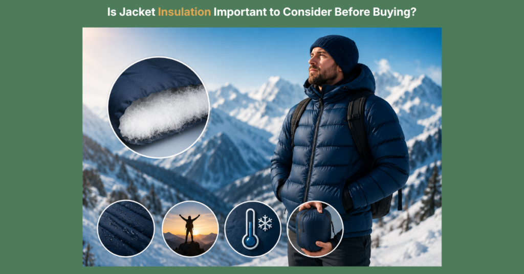 Man wearing a blue insulated puffer jacket in a snowy mountain environment, with close-up illustrations showing insulation fill, water resistance, cold-weather performance, and packability features.