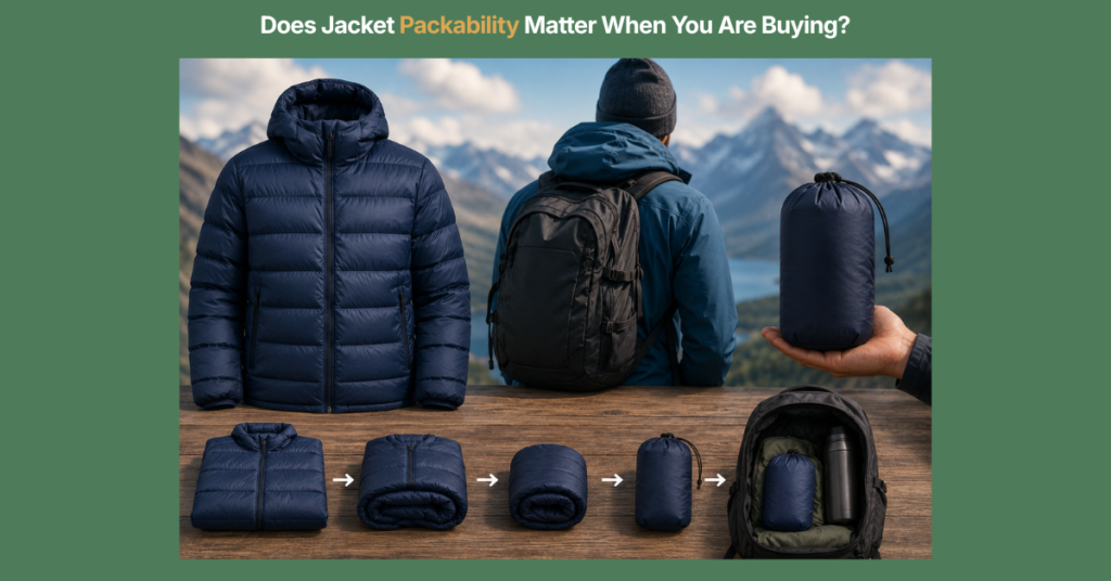 Packable down jacket displayed beside a traveler’s backpack, showing how the jacket compresses into a compact stuff sack for efficient travel and outdoor packing.