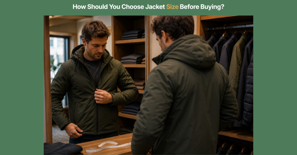 Man trying on a jacket in front of a mirror while evaluating the fit and size inside a clothing store, with a measuring tape visible on the counter and multiple jacket styles displayed in the background.