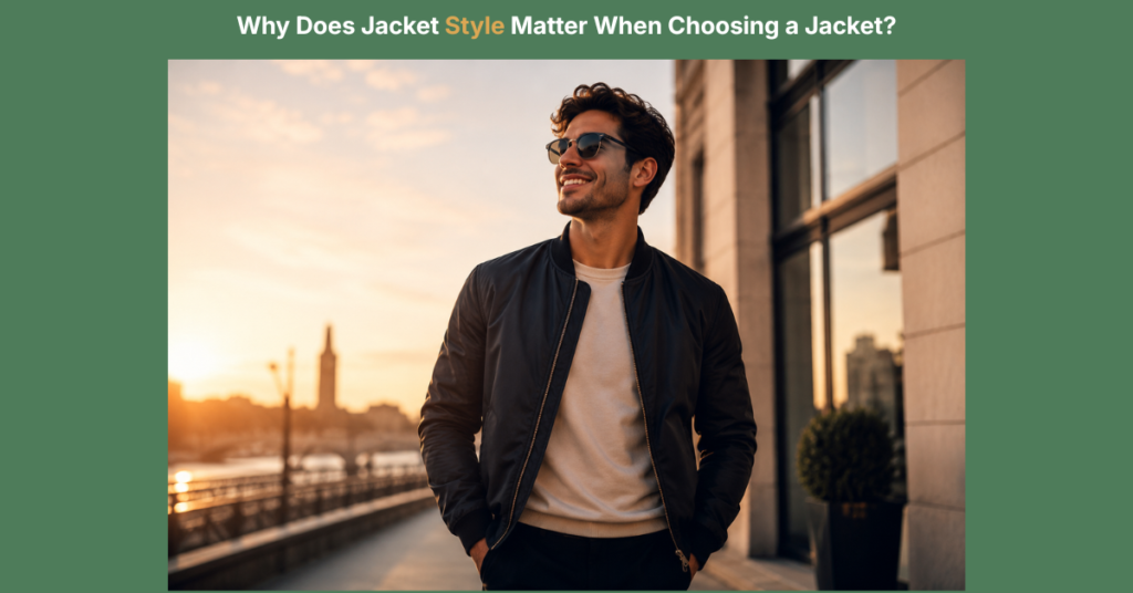 Man wearing a stylish black bomber jacket and white shirt while walking confidently in an urban setting at sunset, demonstrating how jacket style influences personal appearance and everyday versatility.