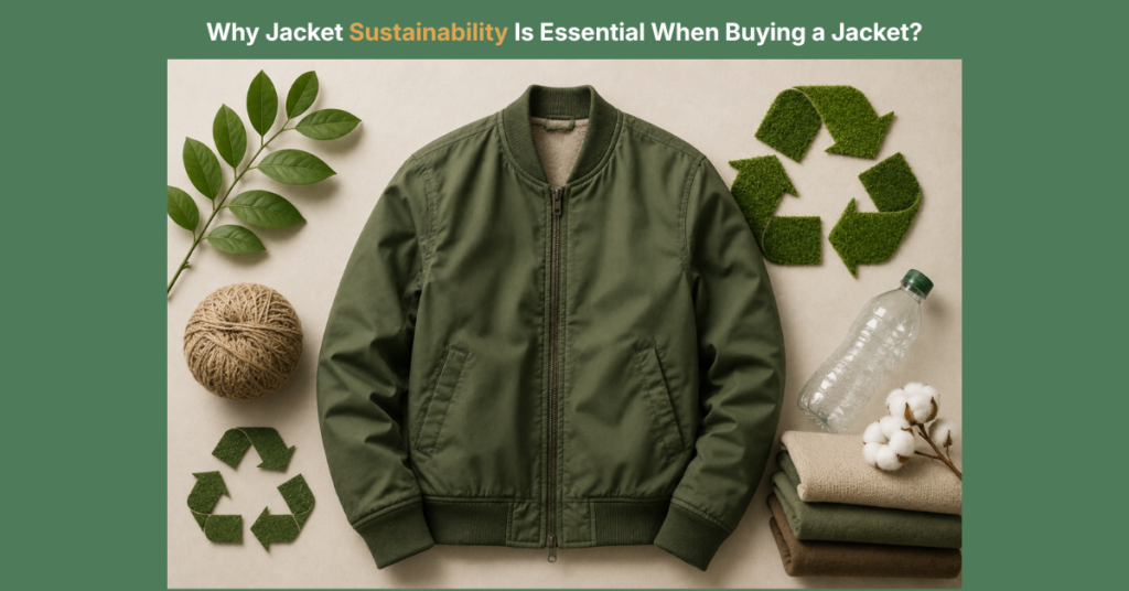Sustainable jacket displayed alongside recycled materials, natural fibers, and eco-friendly elements that represent environmentally responsible fashion choices.