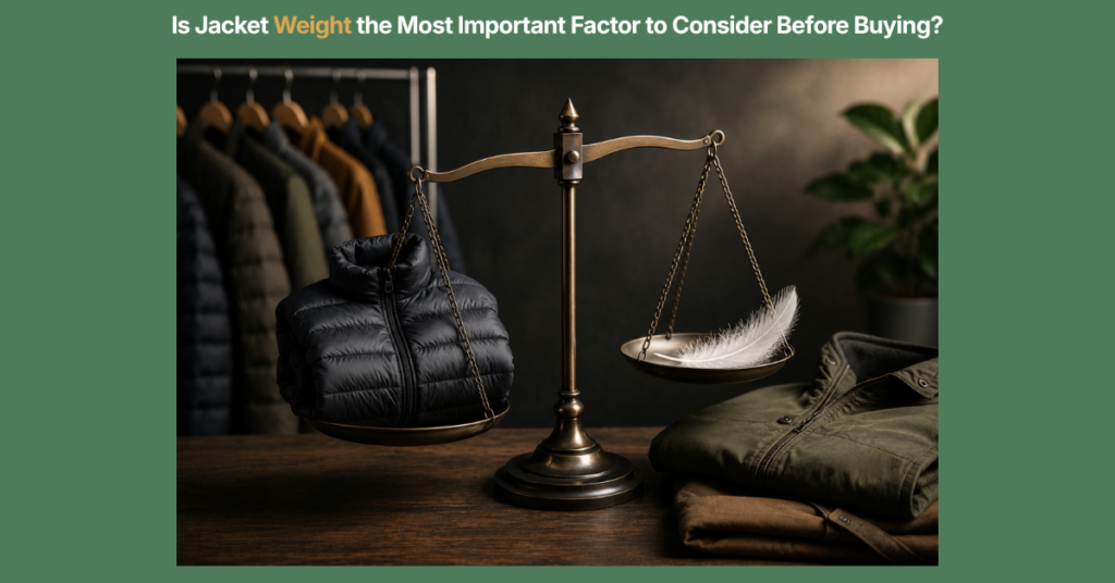 A balance scale compares a heavy insulated puffer jacket and a lightweight feather, illustrating the role of jacket weight in evaluating comfort, practicality, and overall purchasing decisions.