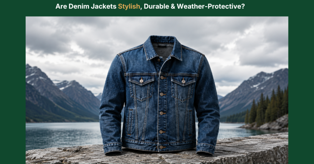 Blue denim jacket displayed against a mountain lake landscape, highlighting its stylish design, durable stitching, and outdoor suitability.