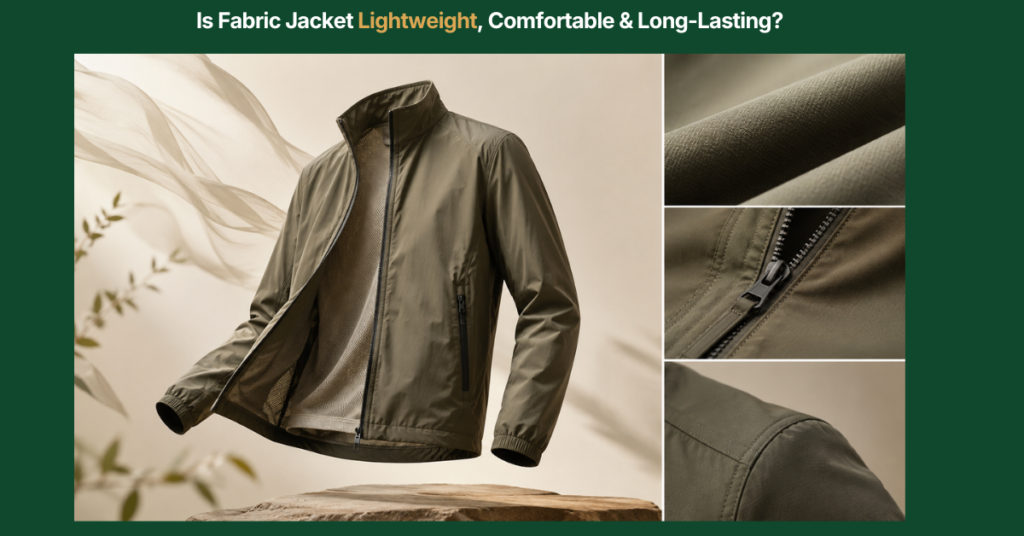 Lightweight olive fabric jacket with close-up views of breathable material, zipper, and reinforced shoulder seam.
