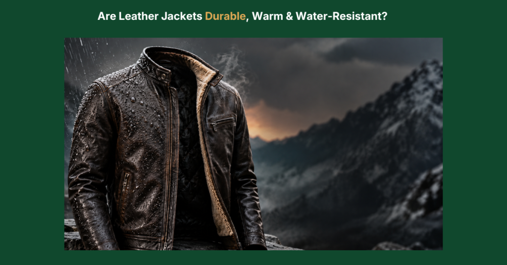 Black leather jacket with water droplets and warm shearling lining against a cold mountain background, illustrating durability, warmth, and water resistance.