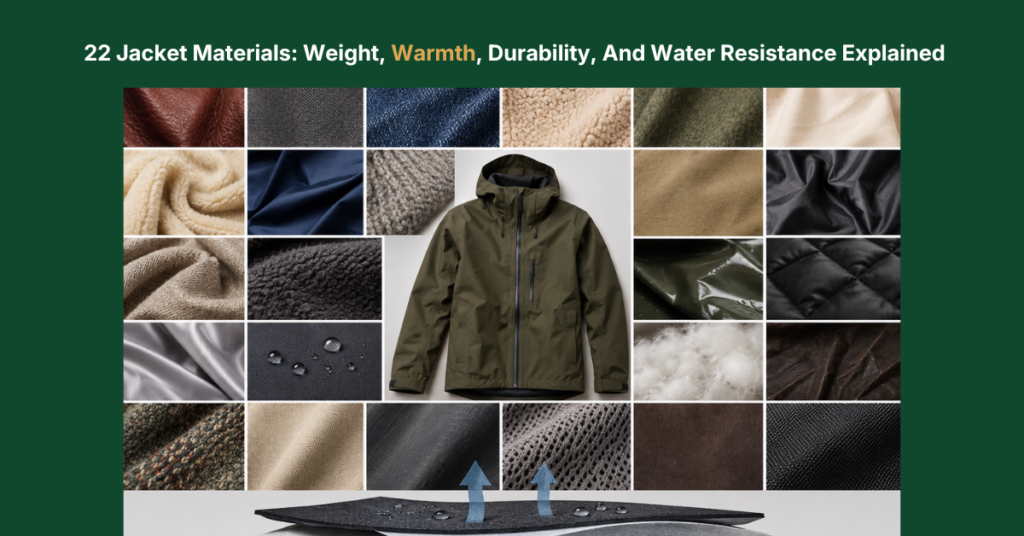 Outdoor jacket surrounded by 22 fabric texture samples showing jacket materials for weight, warmth, durability, and water resistance.