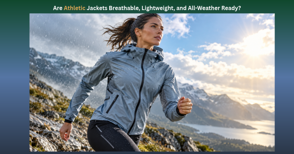 Woman trail running in the rain wearing a lightweight slate-blue hooded athletic jacket with underarm mesh ventilation panels Are Athletic Jackets Breathable, Lightweight, and All-Weather Ready?" showing a woman running in a water-resistant athletic jacket across a sunlit, rainy mountain trail.