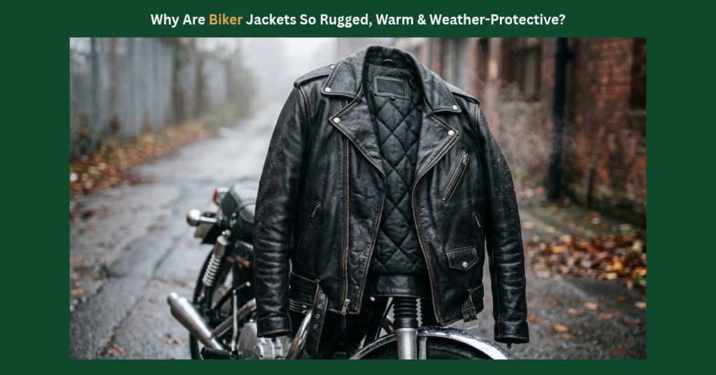 A heavily textured, worn black leather biker jacket draped over a vintage motorcycle on a wet, misty day. It features a quilted insulated lining, sturdy zippers, and water droplets on its rugged exterior, illustrating its heavy-duty, weather-resistant build. Above the photo, the headline reads, "Why Are Biker Jackets So Rugged, Warm & Weather-Protective?".