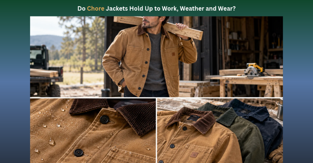 Man carrying lumber near a workshop wearing a rugged brown duck canvas chore jacket with a corduroy collar, complemented by detail shots of water beading on the fabric and multiple color options. Feature banner asking "Do Chore Jackets Hold Up to Work, Weather and Wear?" showing a worker in a brown canvas chore jacket alongside close-up performance and color detail panels.