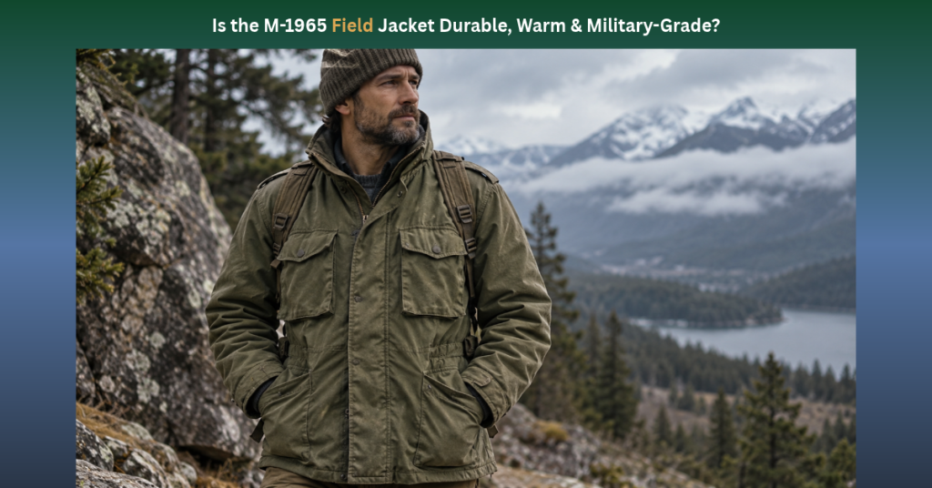 Man hiking on a rocky mountain trail wearing an olive green M-1965 military field jacket, knit beanie, and backpack overlooking an alpine lake. "Is the M-1965 Field Jacket Durable, Warm & Military-Grade?" showing a man in an olive drab four-pocket field jacket in a rugged mountain setting.