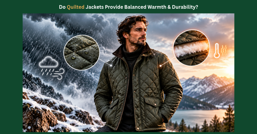 A rugged man wearing a dark olive-green diamond-quilted jacket stands in a mountain landscape, showcasing weather-resistant and insulating qualities with graphic overlays, topped by a banner asking "Do Quilted Jackets Provide Balanced Warmth & Durability?.