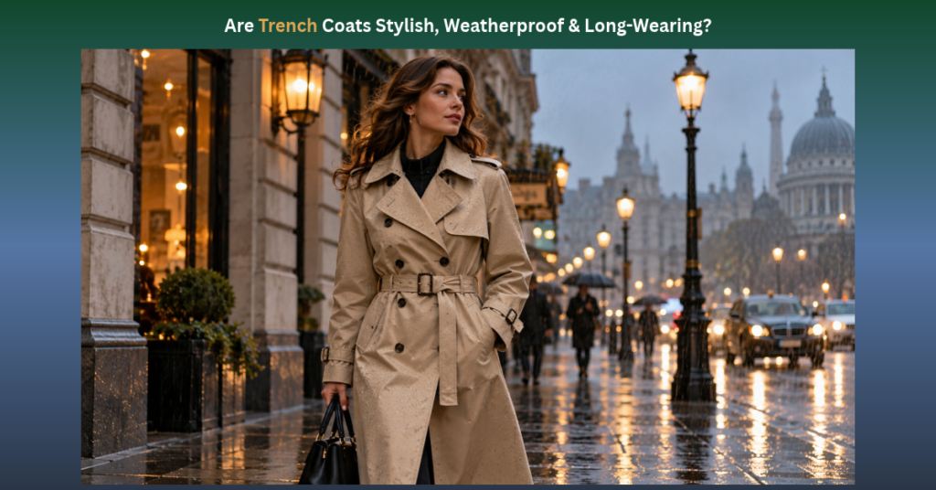 Woman walking along a wet European city street at dusk wearing a classic beige double-breasted trench coat and holding a handbag Are Trench Coats Stylish, Weatherproof & Long-Wearing?" showing a woman in a beige trench coat walking on a rainy, illuminated city sidewalk.