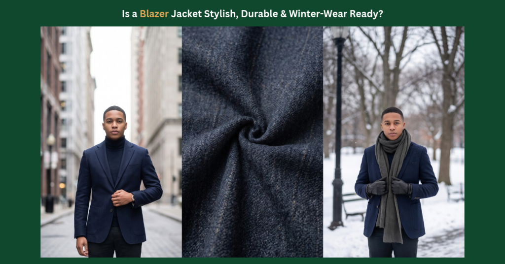 A three-panel collage asking "Is a Blazer Jacket Stylish, Durable & Winter-Wear Ready?" featuring a man wearing a navy blazer in a city, a close-up of heavy woven fabric, and the same man wearing the blazer with winter accessories in the snow.