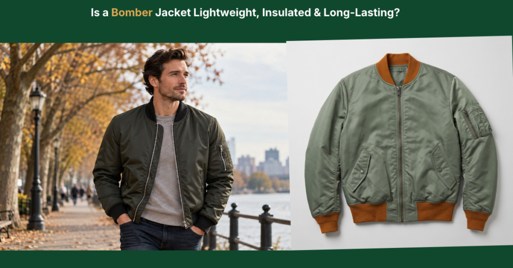 A split image showing a man modeling a dark olive bomber jacket outdoors next to a standalone product shot of a light green bomber jacket with orange trim, underneath the text "Is a Bomber Jacket Lightweight, Insulated & Long-Lasting?