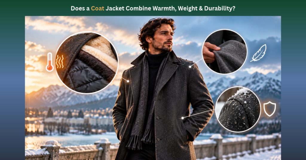 Man wearing a charcoal wool coat over a turtleneck sweater and scarf against a snowy mountain backdrop, highlighted with three circular callouts detailing insulation, fabric texture, and weather resistance. Does a Coat Jacket Combine Warmth, Weight & Durability?" showing a man in a structured grey coat with infographic callout circles illustrating garment features.