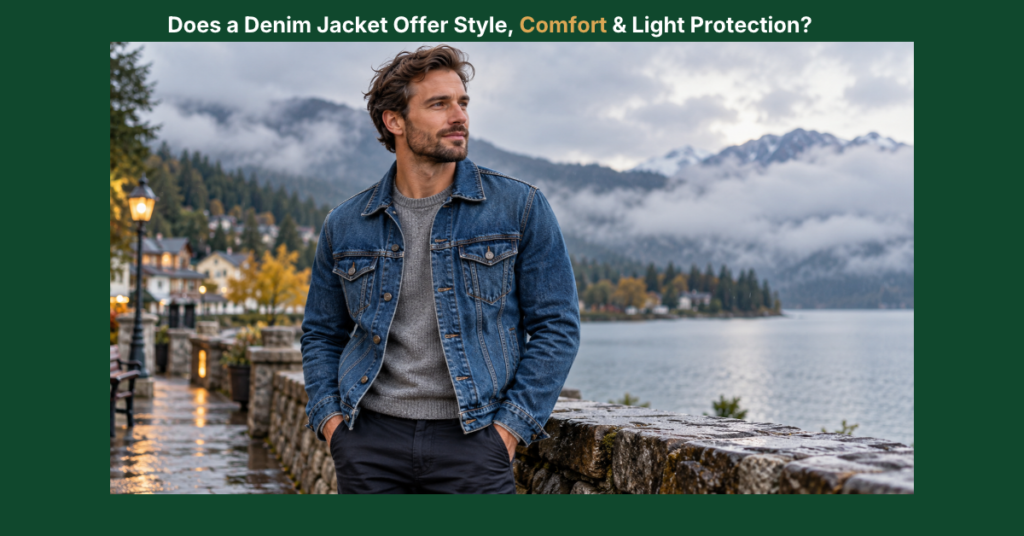 Man wearing a blue denim jacket over a gray sweater beside a mountain lake, showing casual style, comfort, and light weather protection.