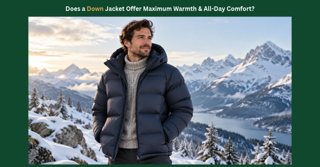 an wearing a dark navy hooded down puffer jacket layered over a grey knit turtleneck sweater in a snowy mountain landscape. Feature banner asking "Does a Down Jacket Offer Maximum Warmth & All-Day Comfort?" showing a man in a navy baffled down jacket in the mountains.