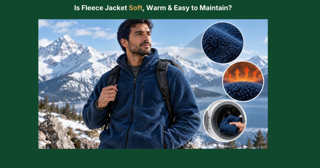 Man wearing a blue fleece jacket in snowy mountains, with close-up fleece texture, warmth, and washing care details.