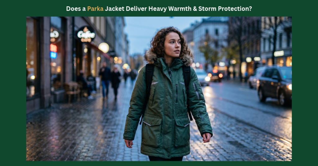 wearing a heavy green parka with a fur-lined hood walks down a wet city street, with text above asking "Does a Parka Jacket Deliver Heavy Warmth & Storm Protection?