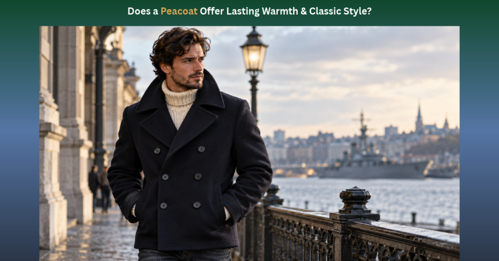 Man walking along a waterfront promenade wearing a classic double-breasted navy blue peacoat over a cream turtleneck sweater. Feature banner asking "Does a Peacoat Offer Lasting Warmth & Classic Style?" showing a man in a navy blue wool peacoat by a coastal harbor and vintage streetlamp.