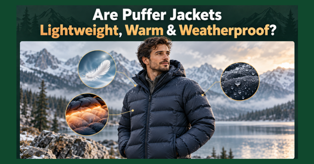 A man wearing a dark navy puffer jacket in a snowy mountain landscape, below the text "Are Puffer Jackets Lightweight, Warm & Weatherproof?", accompanied by three circular icons showing a feather, glowing insulation, and water droplets on fabric.