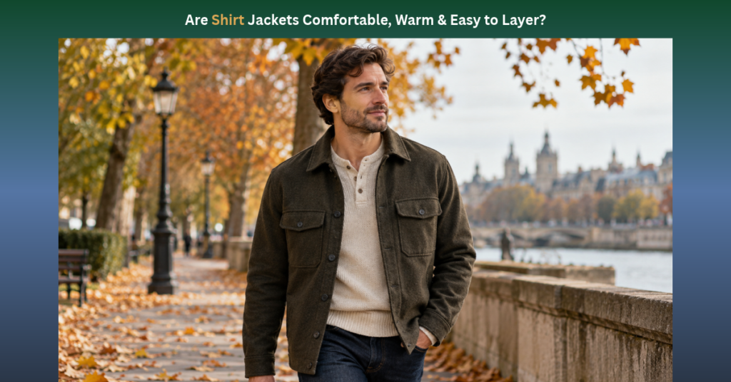 Man walking along an autumn tree-lined riverside pathway wearing an olive green flannel shirt jacket layered over a cream henley sweater. Feature banner asking "Are Shirt Jackets Comfortable, Warm & Easy to Layer?" showing a man in an olive green shirt jacket walking along a fall-colored riverside path.