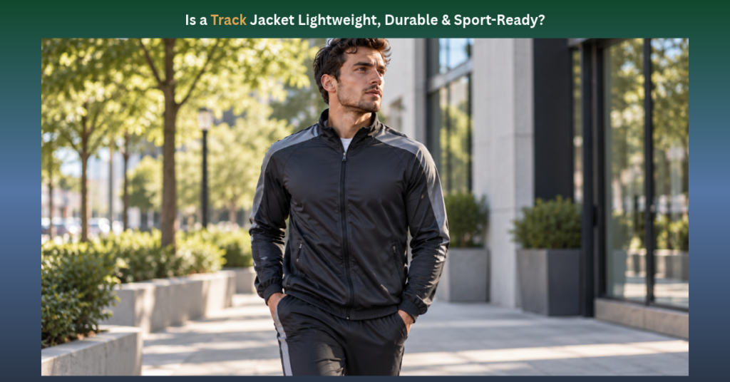 Man walking outdoors on a sunny day wearing a black and grey athletic track jacket and matching track pants Feature banner asking "Is a Track Jacket Lightweight, Durable & Sport-Ready?" showing a man walking in an urban setting wearing a black track jacket with grey shoulder panel accents.