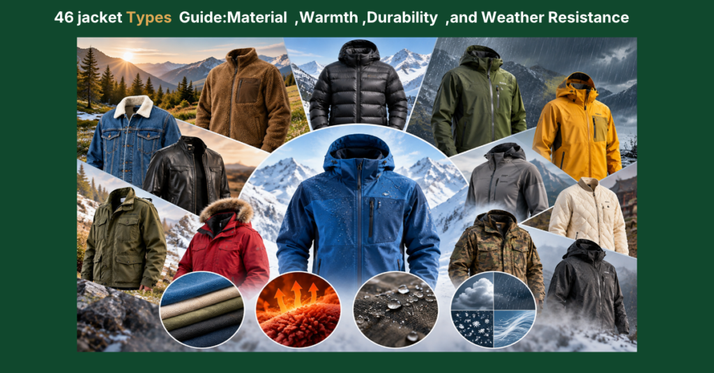 Collage of different jacket types, including fleece, puffer, leather, denim, rain, parka, and insulated jackets, showing warmth, materials, durability, and weather resistance.
