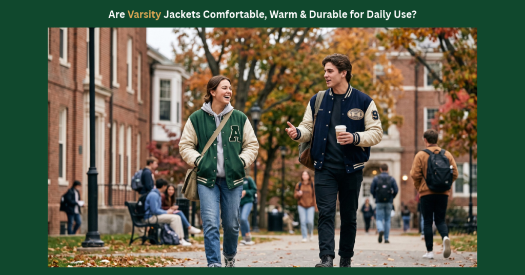 Two university students wearing varsity jackets laugh and chat on a bustling, autumn college campus, under a banner that asks, "Are Varsity Jackets Comfortable, Warm & Durable for Daily Use?"